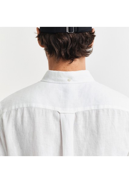 Erkek Beyaz Regular Fit Düğmeli Yaka Keten Gömlek