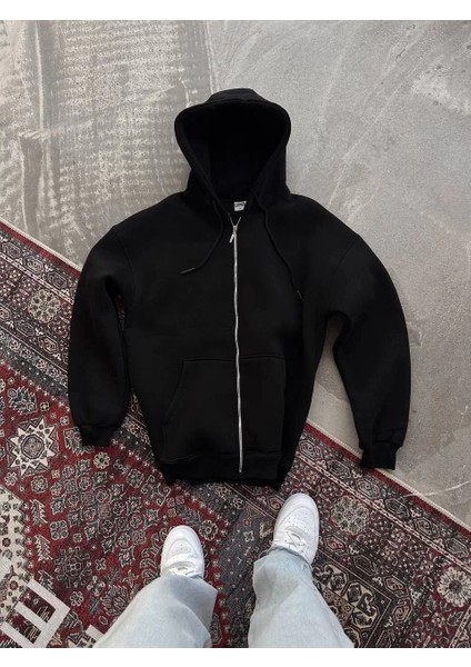 Oversize Tam Fermuarlı Uzun Kol Hırka - Siyah fiyatları