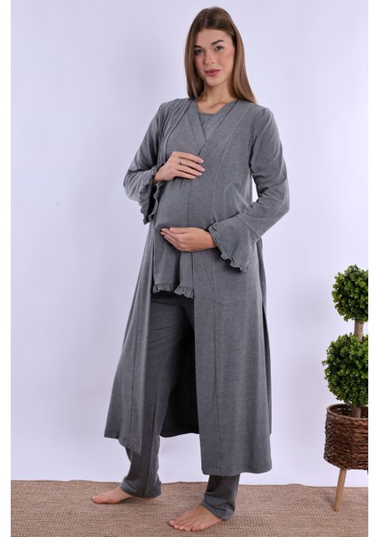 Füme Sabahlıklı Hamile Lohusa Pijama Takımı