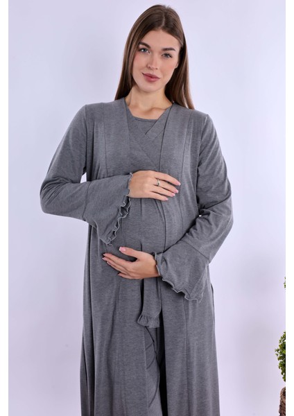 Füme Sabahlıklı Hamile Lohusa Pijama Takımı modelleri