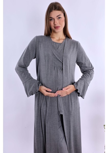 Füme Sabahlıklı Hamile Lohusa Pijama Takımı