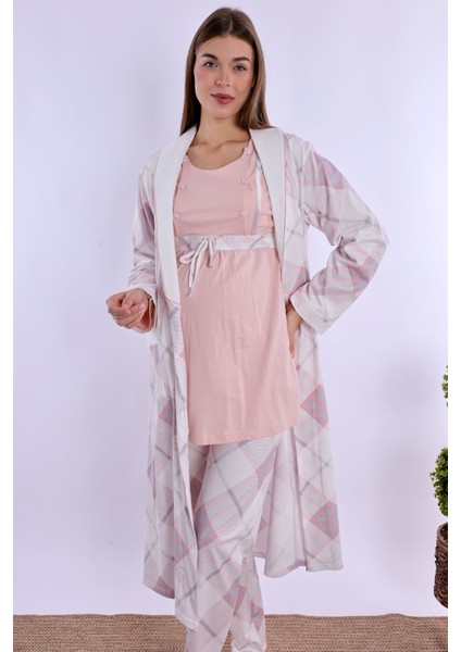 Pudra %100 Pamuk Sabahlıklı Hamile Lohusa Pijama Takımı