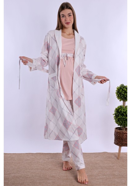 Pudra %100 Pamuk Sabahlıklı Hamile Lohusa Pijama Takımı