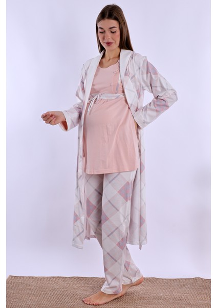 Pudra %100 Pamuk Sabahlıklı Hamile Lohusa Pijama Takımı