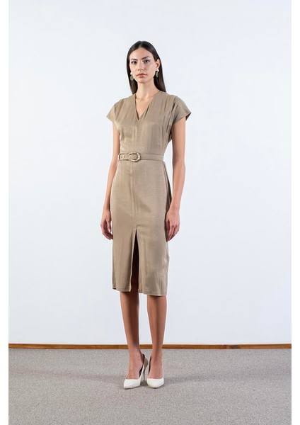 Ferguson V Yaka Yırtmaçlı Kemerli Elbise Çağla