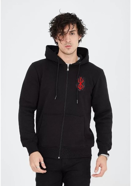 Unisex Baskılı Tam Fermuarlı Kapşonlu Sweatshirt - Siyah fiyatları