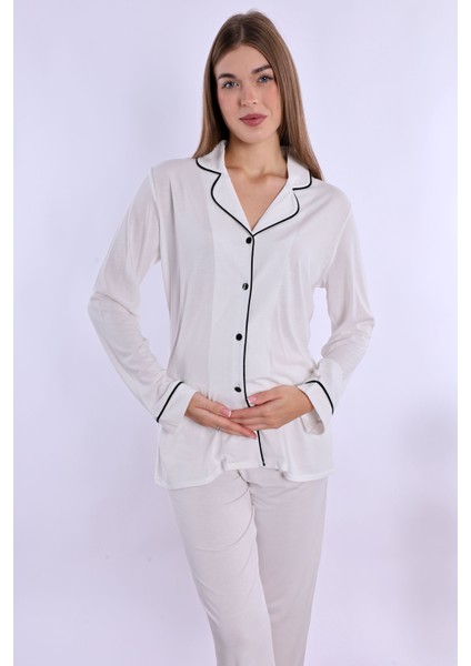 Ekru Sabahlıklı Hamile Lohusa Pijama Takımı