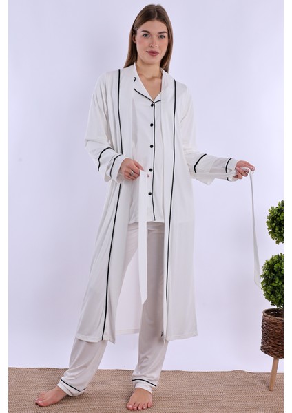 Ekru Sabahlıklı Hamile Lohusa Pijama Takımı