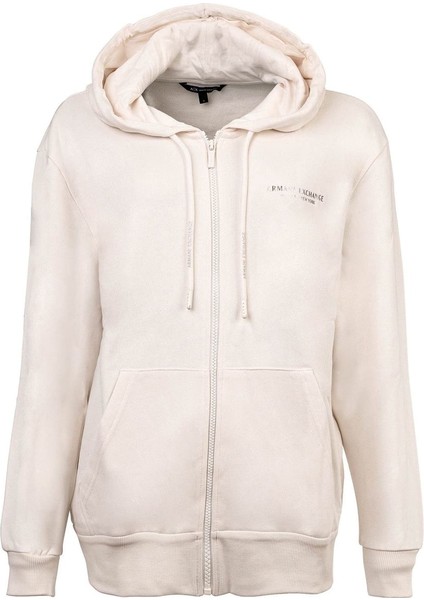 Kadın Regular Fit Fermuarlı Kapüşonlu Sweatshirt - Krem