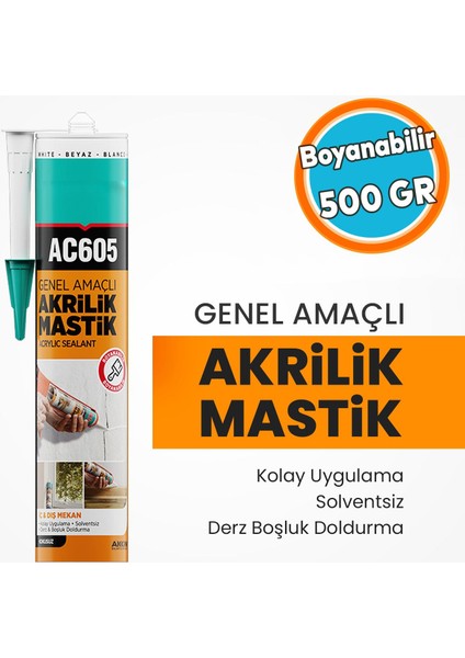 Boyanabilir Genel Amaçlı Solventsiz Kolay Uygulanır Akrilik Mastik 500 gr Beyaz Renkli AC605