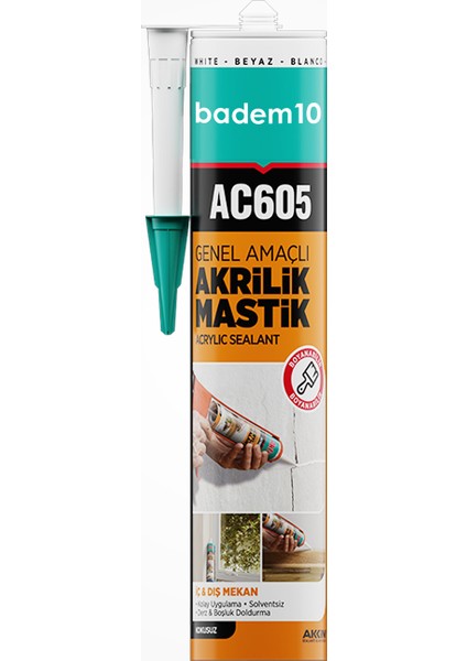 Boyanabilir Genel Amaçlı Solventsiz Kolay Uygulanır Akrilik Mastik 500 gr Beyaz Renkli AC605 fiyatları