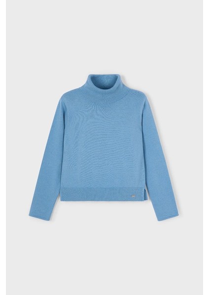 Kız Çocuk Regular Fit Balıkçı Yaka Basic Kazak - Mavi