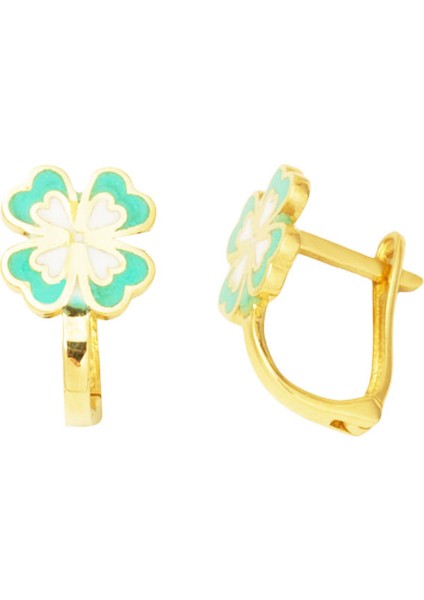 Su Yeşili Yonca Çocuk Küpesi 14 Ayar