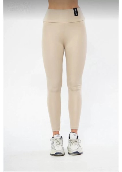 Kışlık Yüksek Bel Toparlayicı ve Sıkılaştırıcı Likralı Şardonlu Tayt - Bej