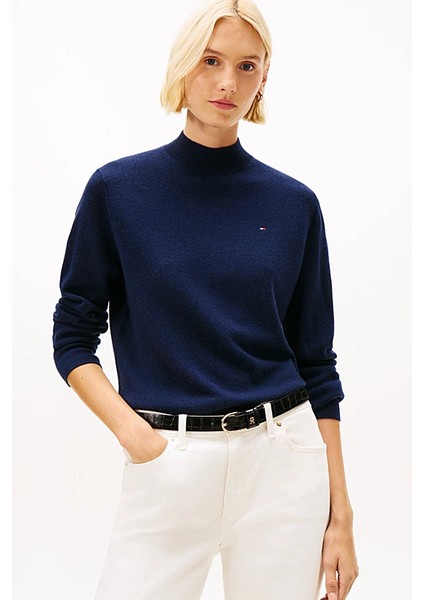 Kadın Kaşmir Karışımlı Yarım Balıkçı Yaka Triko Kazak - Lacivert