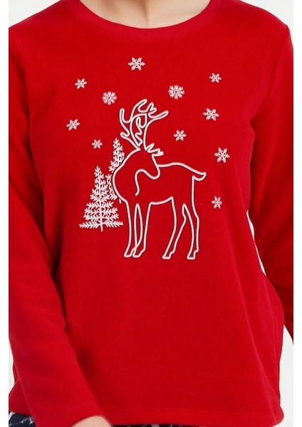 Kadın Kırmızı Uzun Kol Geyik Desenli Polar Pijama Takımı fiyatları