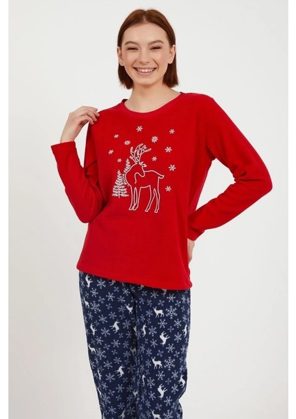 Kadın Kırmızı Uzun Kol Geyik Desenli Polar Pijama Takımı modelleri