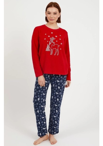 Kadın Kırmızı Uzun Kol Geyik Desenli Polar Pijama Takımı fırsatları