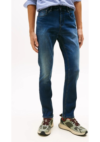 Erkek Scanton Dar Kalıp Eskitme Görünümlü Jean Pantolon - Mavi