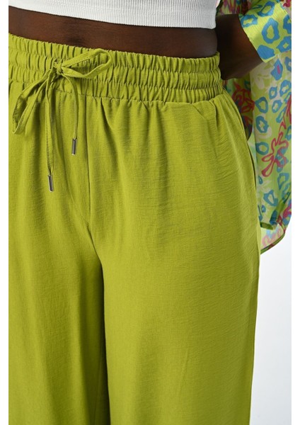 Kadın Rahat Kalıp Bol Paça Beli Lastikli Düz Renk Pantolon modelleri