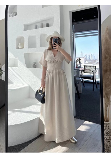 Kısa Kollu Uzun Elbise - Kırık Beyaz fırsatları