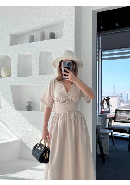 Kısa Kollu Uzun Elbise - Kırık Beyaz indirimleri