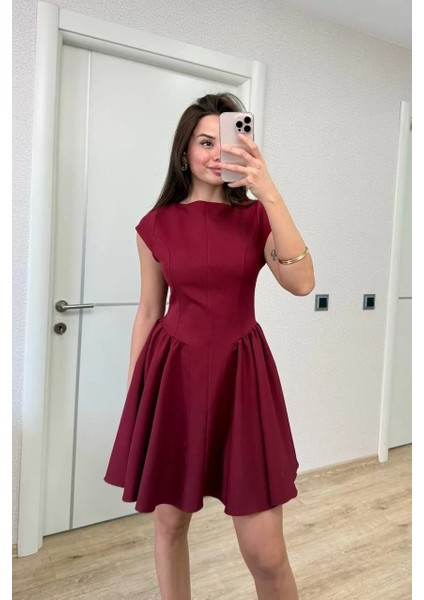 Sırt Dekolteli Çan Detaylı Mini Elbise - Bordo