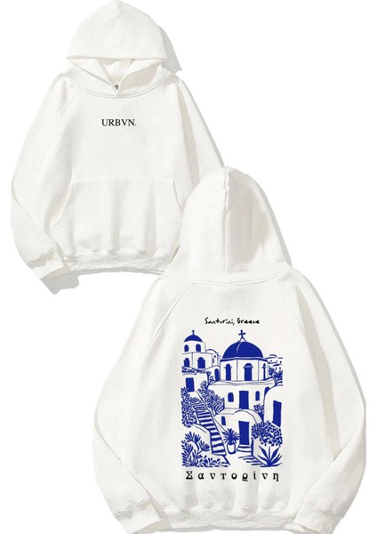 Greece Tasarım Baskılı Oversize Beyaz Kapüşonlu Sweatshirt