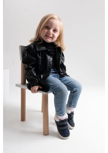 Kız Çocuk Lacivert Hakiki Deri Suya Dayanıklı Anatomik Günlük Bot