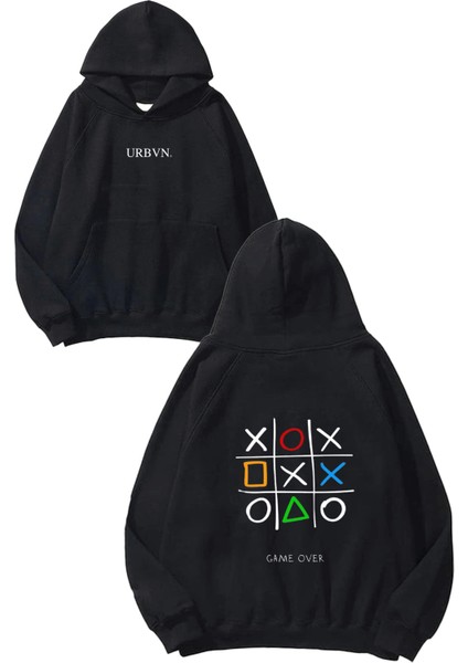 Game Over Xo Tasarım Baskılı Oversize Siyah Kapüşonlu Sweatshirt