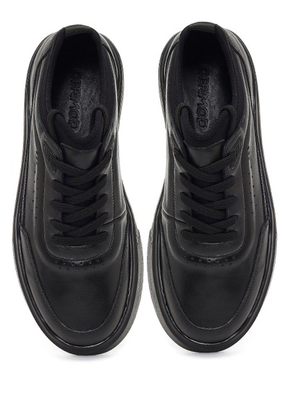 Erkek Siyah Bağcıklı Kalın Tabanlı Deri Sneaker 25WFD612714