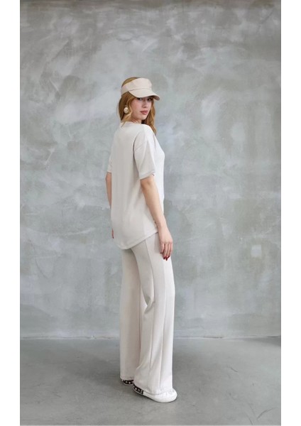 Osy Modal Yumuşak Dokulu Kumaş Bisiklet Yaka Taş Detaylı Kısa Kollu Takım - Kırık Beyaz