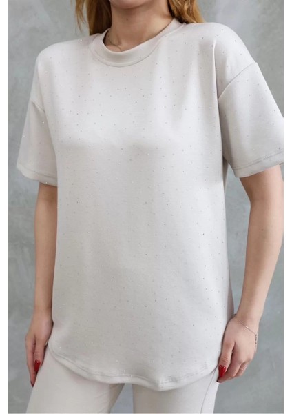 Osy Modal Yumuşak Dokulu Kumaş Bisiklet Yaka Taş Detaylı Kısa Kollu Takım - Kırık Beyaz fiyatları