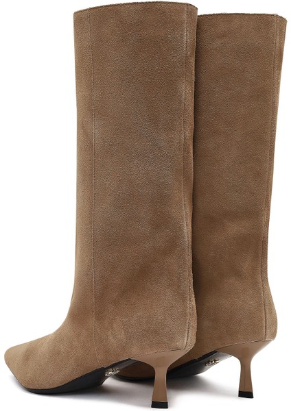 Kadın Bej İnce Topuklu Süet Deri Çizme 25AFD490510