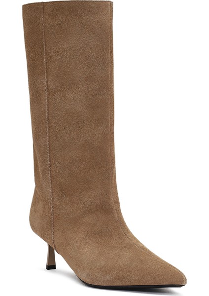 Kadın Bej İnce Topuklu Süet Deri Çizme 25AFD490510