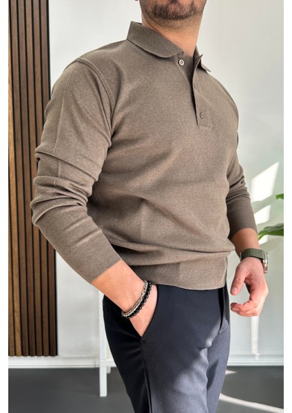 Erkek Düğmeli Polo Yaka Kazak Açık Kahverengi EDW231 fiyatları