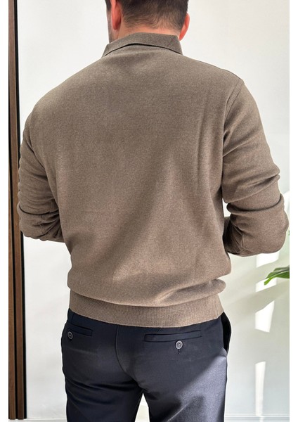 Erkek Düğmeli Polo Yaka Kazak Açık Kahverengi EDW231 modelleri