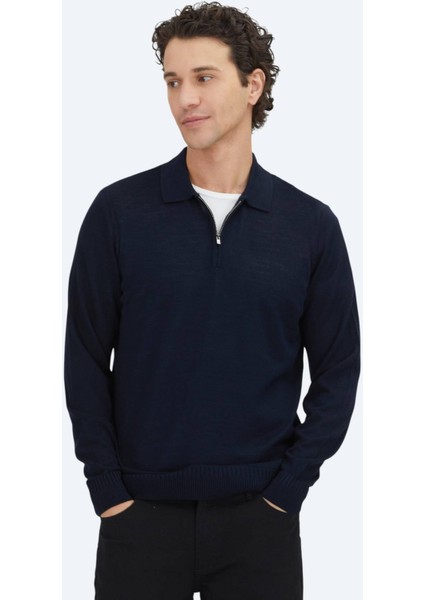 Lacivert Polo Yaka Jakarlı Yün Karışımlı Triko Kazak