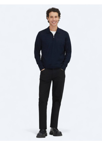 Lacivert Polo Yaka Jakarlı Yün Karışımlı Triko Kazak fiyatları