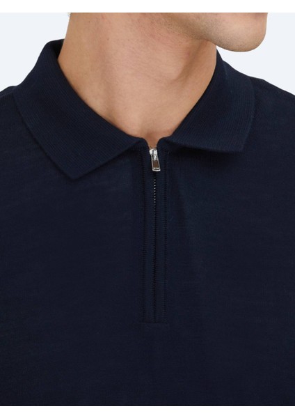 Lacivert Polo Yaka Jakarlı Yün Karışımlı Triko Kazak modelleri