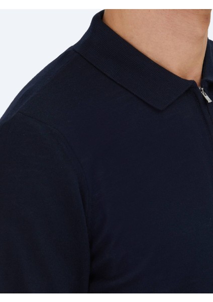 Lacivert Polo Yaka Jakarlı Yün Karışımlı Triko Kazak fırsatları