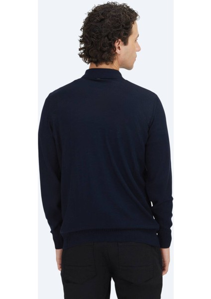 Lacivert Polo Yaka Jakarlı Yün Karışımlı Triko Kazak indirimleri