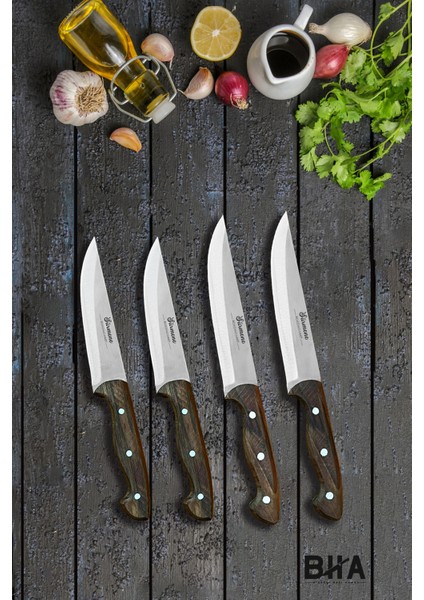 Ahşap Et, Ekmek, Sebze, Meyve 4 Parça Günlük Kullanım Mutfak Bıçakları Seti Sürmene Ufak Boy