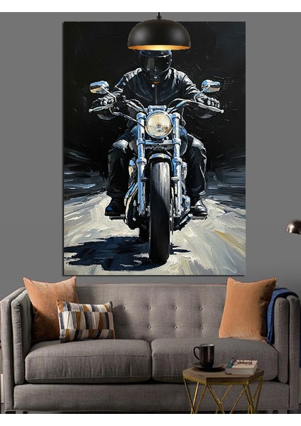 Parlak Işıklarla Motosiklet Süren Adam Dekoratif Kanvas - Mdf Ahşap Tablo