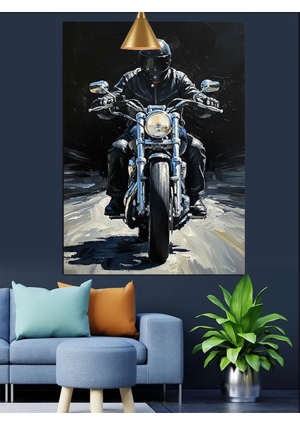Parlak Işıklarla Motosiklet Süren Adam Dekoratif Kanvas - Mdf Ahşap Tablo fiyatları