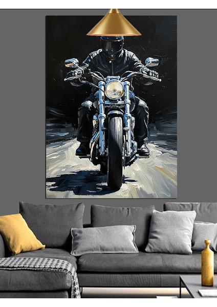 Parlak Işıklarla Motosiklet Süren Adam Dekoratif Kanvas - Mdf Ahşap Tablo fırsatları