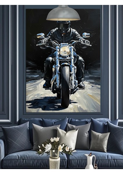 Parlak Işıklarla Motosiklet Süren Adam Dekoratif Kanvas - Mdf Ahşap Tablo indirimleri