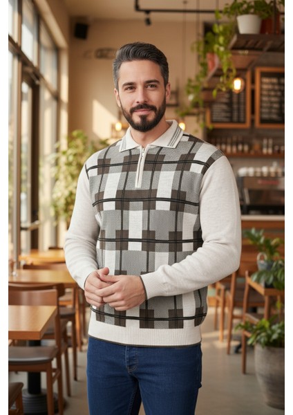 Erkek Çelik Örgü Ekose Desenli Gömlek Yaka Fermuarlı Polo Yakalı Tüylenmez Triko Kışlık Baba Kazak