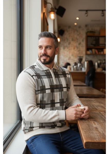 Erkek Çelik Örgü Ekose Desenli Gömlek Yaka Fermuarlı Polo Yakalı Tüylenmez Triko Kışlık Baba Kazak modelleri