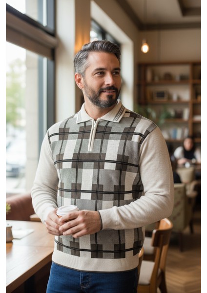 Erkek Çelik Örgü Ekose Desenli Gömlek Yaka Fermuarlı Polo Yakalı Tüylenmez Triko Kışlık Baba Kazak fiyatları